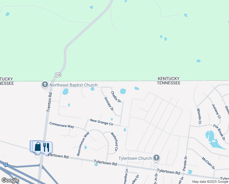 map of restaurants, bars, coffee shops, grocery stores, and more near 4077 Challis Drive in Clarksville