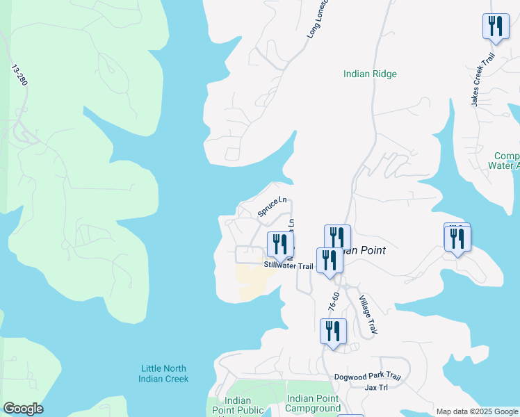 map of restaurants, bars, coffee shops, grocery stores, and more near 93 Spruce Lane in Branson