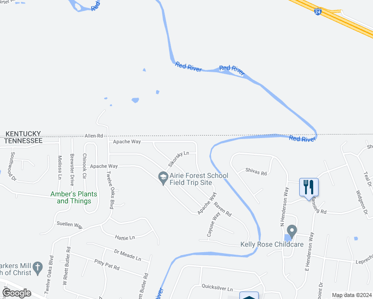 map of restaurants, bars, coffee shops, grocery stores, and more near 3460 Sikorsky Lane in Clarksville