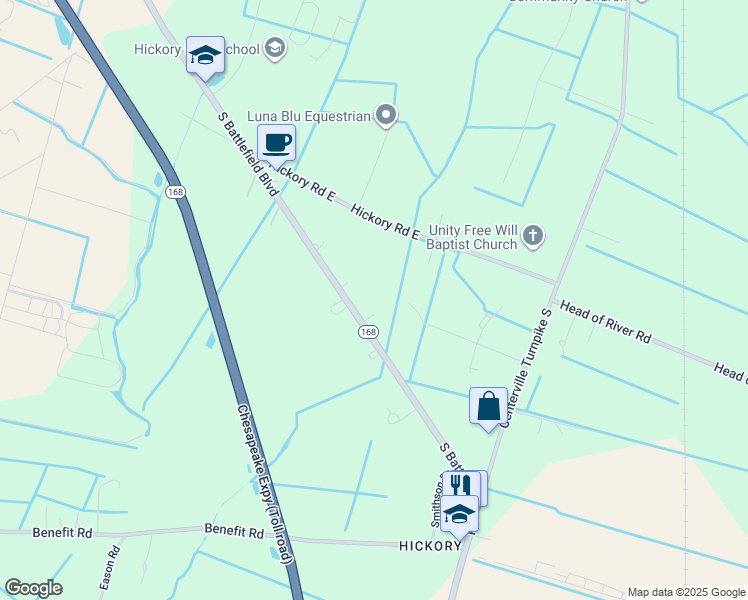 map of restaurants, bars, coffee shops, grocery stores, and more near 2345 South Battlefield Boulevard in Chesapeake