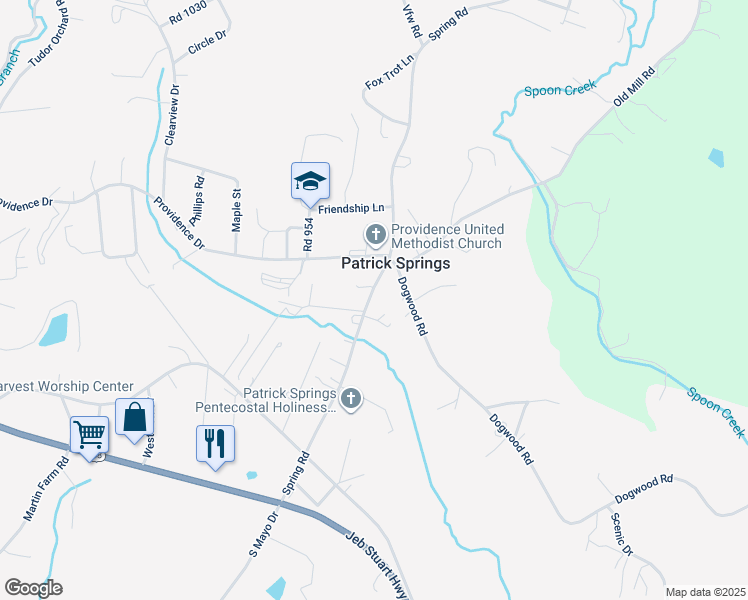 map of restaurants, bars, coffee shops, grocery stores, and more near 372 Spring Road in Patrick Springs