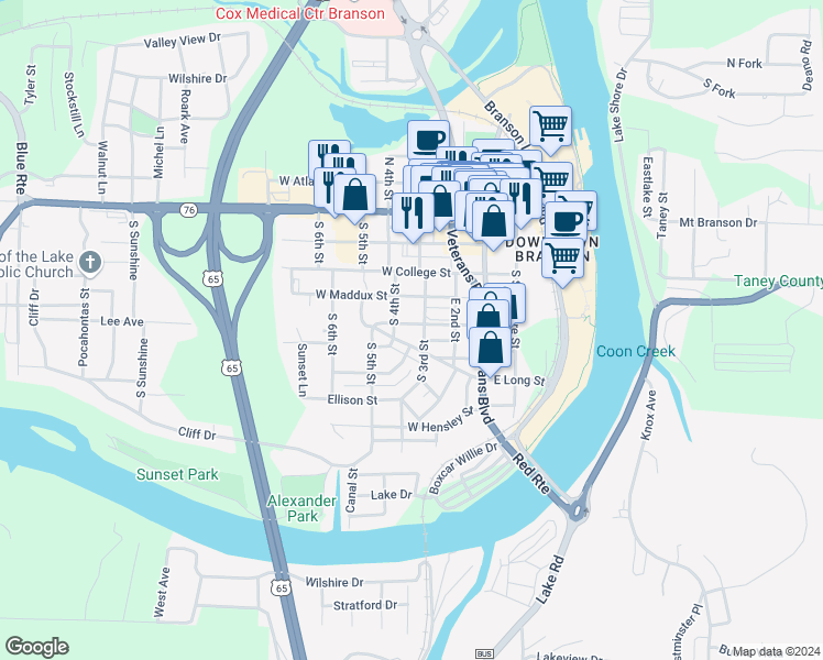 map of restaurants, bars, coffee shops, grocery stores, and more near 306 Adams Street in Branson