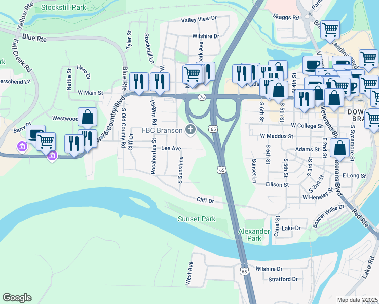 map of restaurants, bars, coffee shops, grocery stores, and more near 820 Lee Avenue in Branson