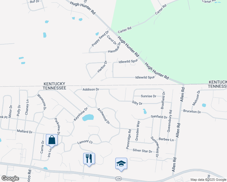 map of restaurants, bars, coffee shops, grocery stores, and more near 1438 Addison Drive in Clarksville