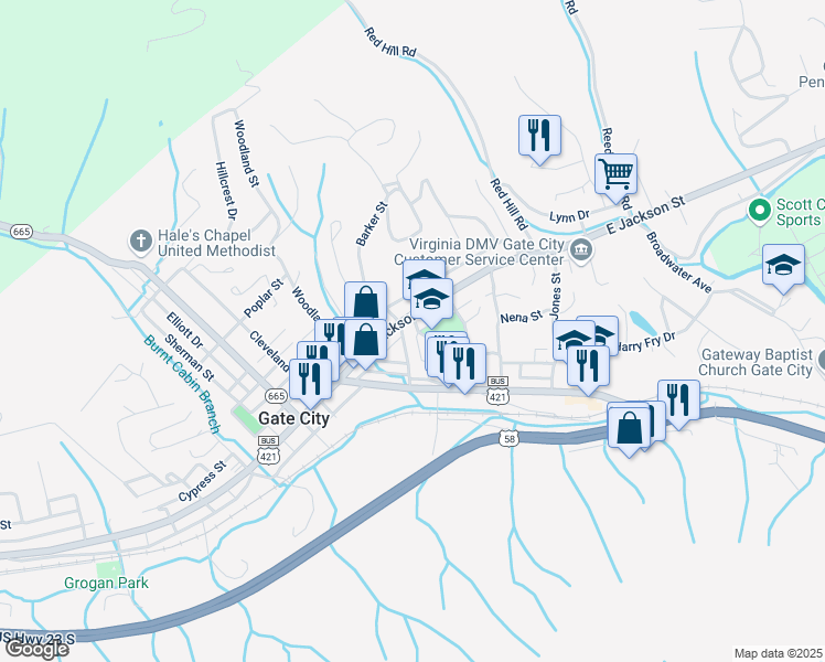 map of restaurants, bars, coffee shops, grocery stores, and more near 110 Moore Street in Gate City