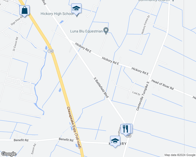 map of restaurants, bars, coffee shops, grocery stores, and more near 2341 Battlefield Boulevard South in Chesapeake