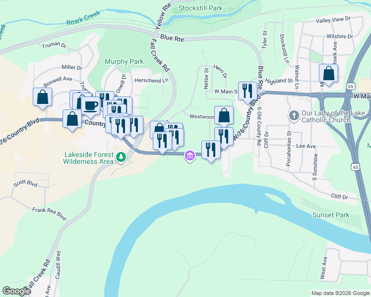 map of restaurants, bars, coffee shops, grocery stores, and more near 1211 West 76 Country Boulevard in Branson