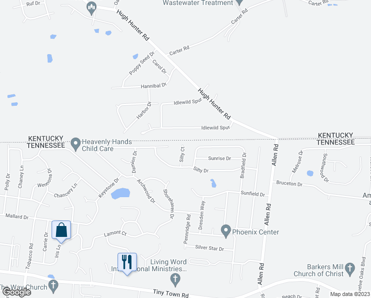 map of restaurants, bars, coffee shops, grocery stores, and more near 3411 Silty Drive in Clarksville