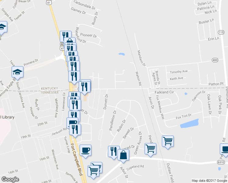 map of restaurants, bars, coffee shops, grocery stores, and more near State Line Road in Clarksville