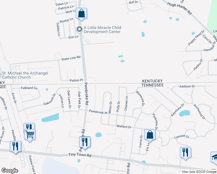 map of restaurants, bars, coffee shops, grocery stores, and more near 3425 Minor Drive in Clarksville