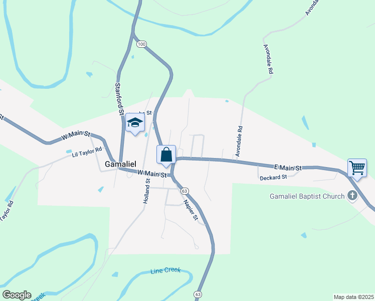 map of restaurants, bars, coffee shops, grocery stores, and more near 150-174 Crowe Ave in Gamaliel