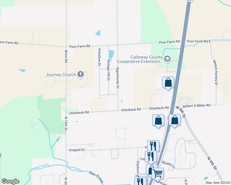 map of restaurants, bars, coffee shops, grocery stores, and more near 402 Utterback Road in Murray