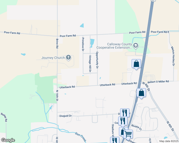 map of restaurants, bars, coffee shops, grocery stores, and more near 528 Utterback Road in Murray