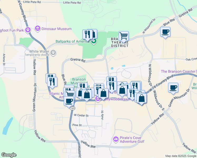 map of restaurants, bars, coffee shops, grocery stores, and more near 190 Francis Street in Branson