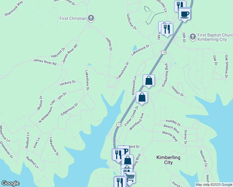 map of restaurants, bars, coffee shops, grocery stores, and more near 5 West Church Drive in Kimberling City