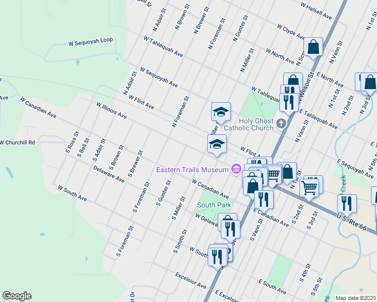 map of restaurants, bars, coffee shops, grocery stores, and more near 107 South Miller Street in Vinita