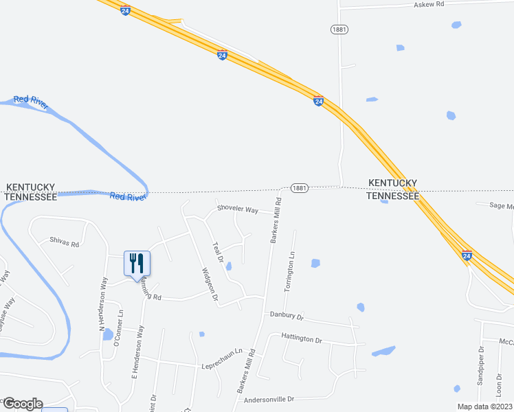 map of restaurants, bars, coffee shops, grocery stores, and more near 2409 Shoveler Way in Clarksville