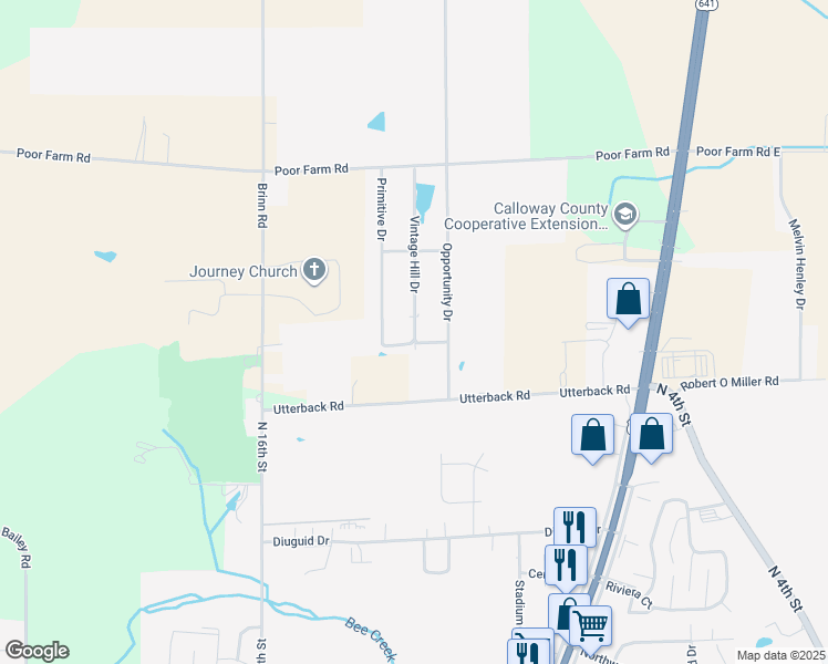 map of restaurants, bars, coffee shops, grocery stores, and more near 528 Utterback Road in Murray
