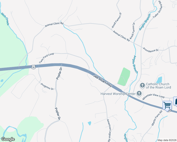 map of restaurants, bars, coffee shops, grocery stores, and more near 21047 Jeb Stuart Highway in Stuart