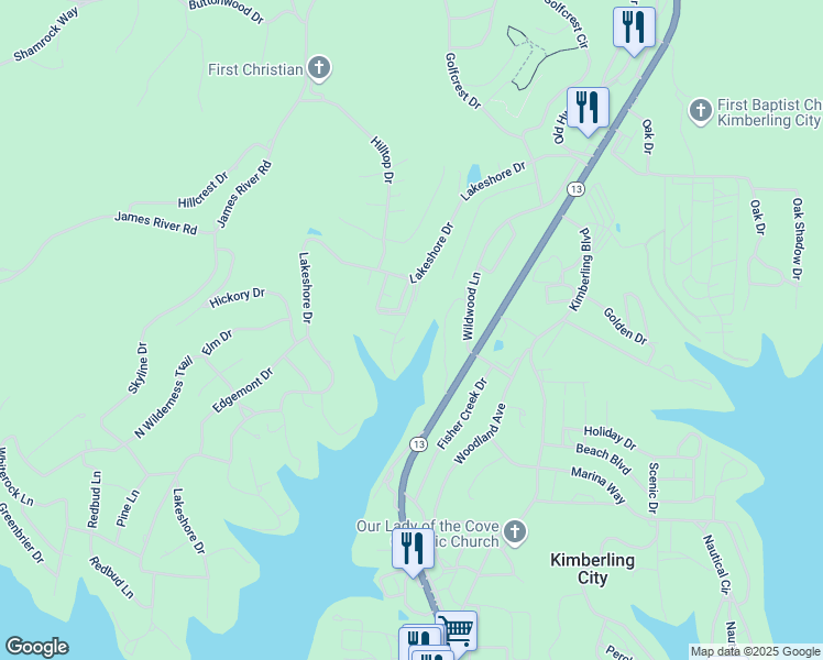 map of restaurants, bars, coffee shops, grocery stores, and more near in Kimberling City