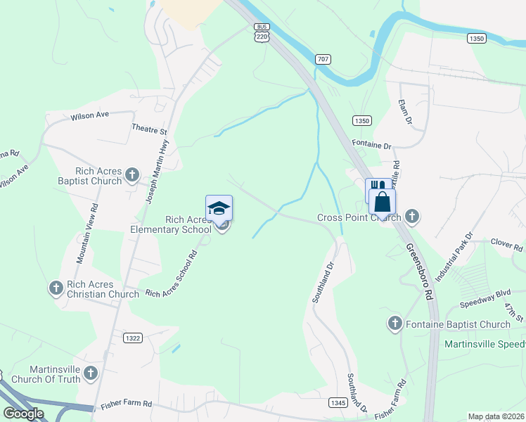 map of restaurants, bars, coffee shops, grocery stores, and more near 961 Southland Dr in Martinsville