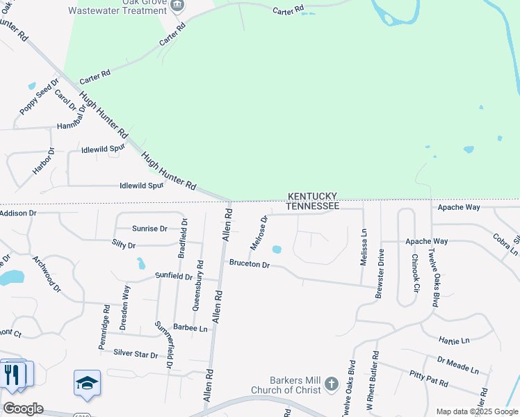 map of restaurants, bars, coffee shops, grocery stores, and more near 3439 Melrose Drive in Clarksville