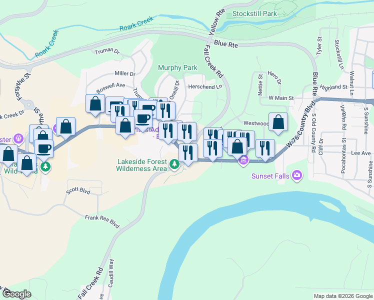 map of restaurants, bars, coffee shops, grocery stores, and more near 1425 State Highway 76 in Branson