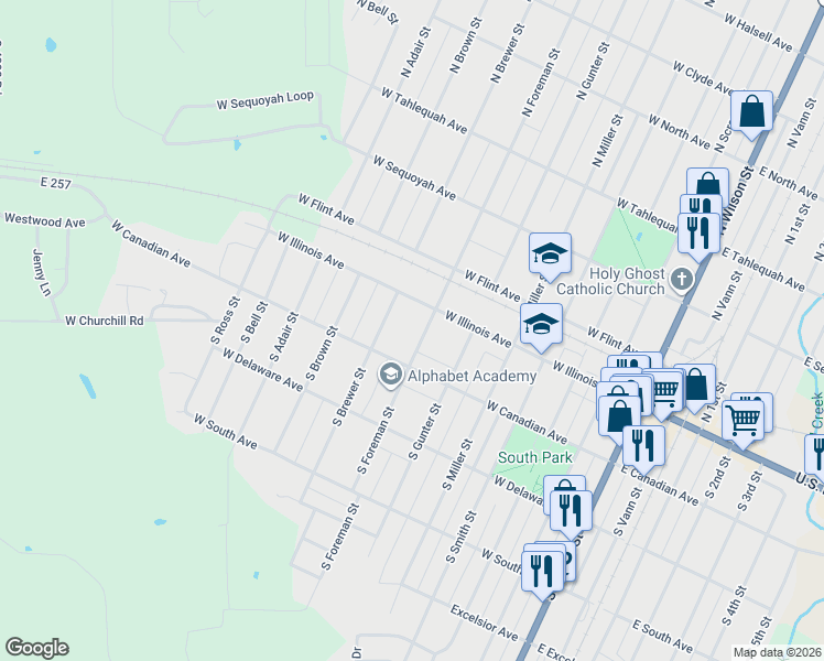 map of restaurants, bars, coffee shops, grocery stores, and more near 136 South Foreman Street in Vinita