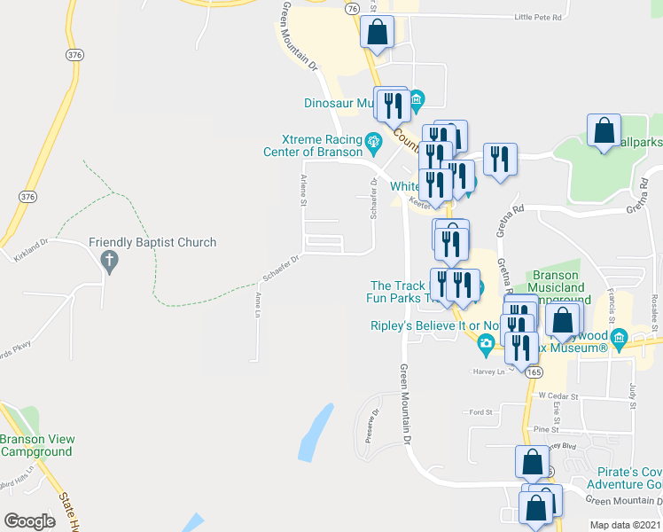 map of restaurants, bars, coffee shops, grocery stores, and more near 360 Schaefer Drive in Branson