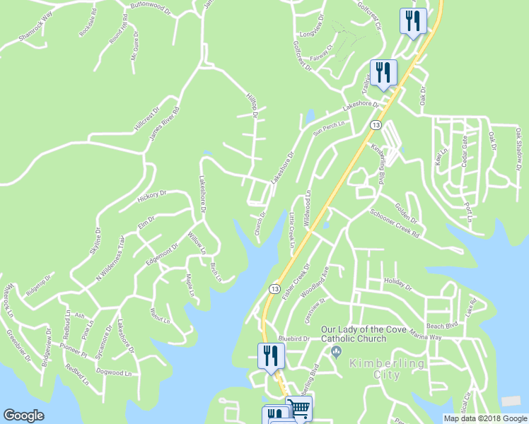 map of restaurants, bars, coffee shops, grocery stores, and more near 51 Church Drive in Kimberling City