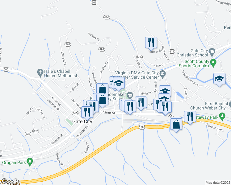 map of restaurants, bars, coffee shops, grocery stores, and more near 218 Shoemaker Drive in Gate City