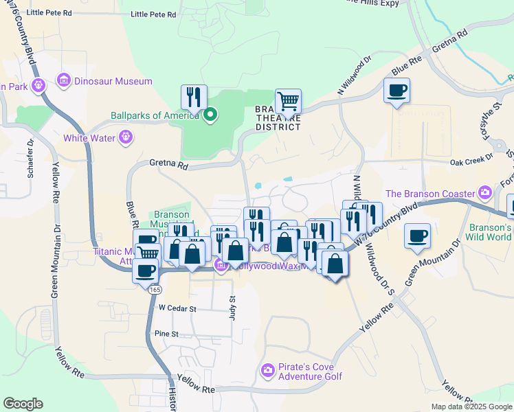 map of restaurants, bars, coffee shops, grocery stores, and more near 107 Garden Circle in Branson