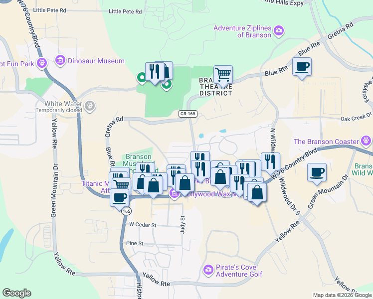 map of restaurants, bars, coffee shops, grocery stores, and more near 105 Grand Mountain Ave in Branson