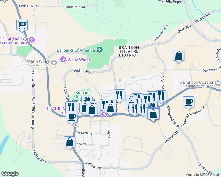 map of restaurants, bars, coffee shops, grocery stores, and more near 105 Grand Mountain Ave in Branson