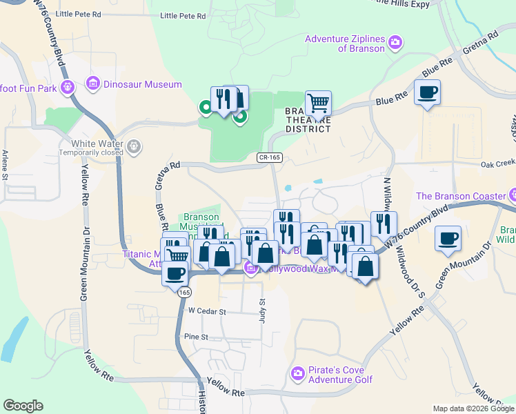 map of restaurants, bars, coffee shops, grocery stores, and more near 105 Grand Mountain Ave in Branson