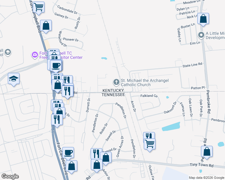 map of restaurants, bars, coffee shops, grocery stores, and more near 222 State Line Road in Clarksville