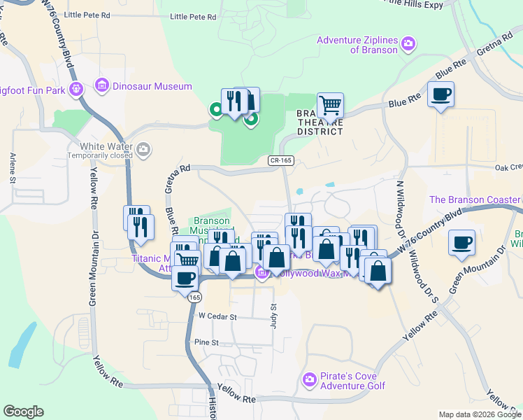 map of restaurants, bars, coffee shops, grocery stores, and more near 190 Francis Street in Branson
