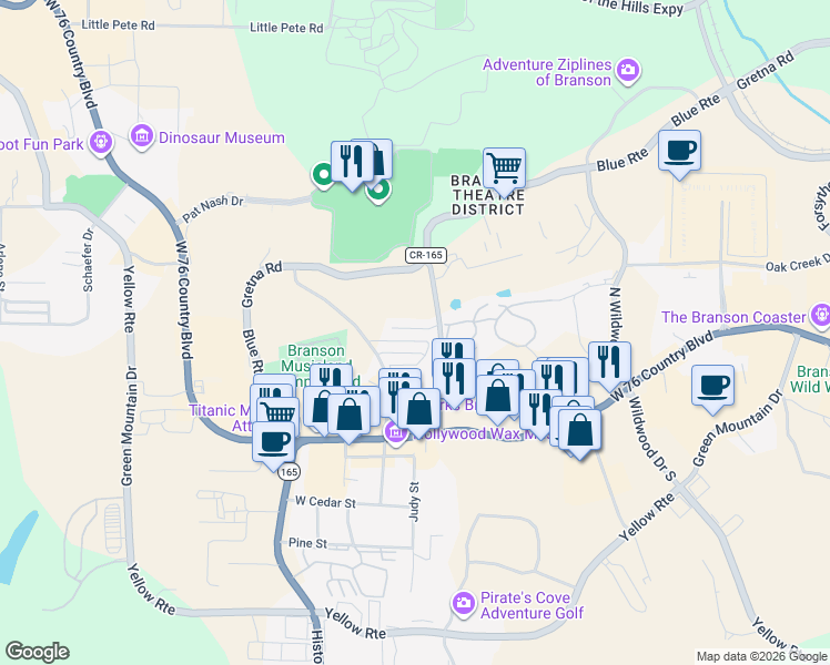 map of restaurants, bars, coffee shops, grocery stores, and more near 105 Garden Circle in Branson