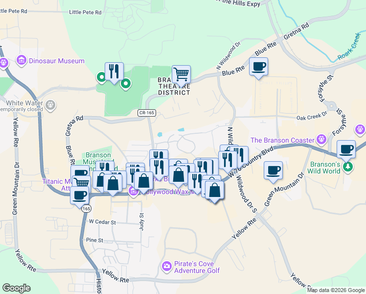 map of restaurants, bars, coffee shops, grocery stores, and more near 247 Oakridge Road in Branson