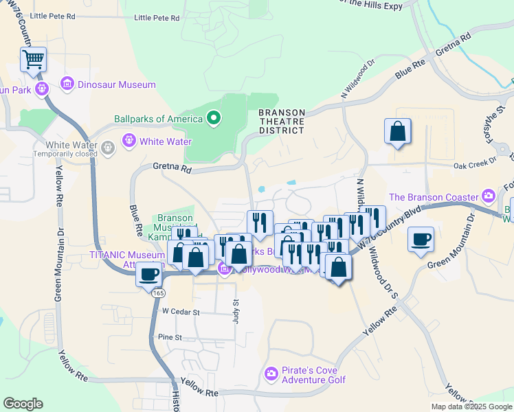 map of restaurants, bars, coffee shops, grocery stores, and more near 104 Garden Circle in Branson