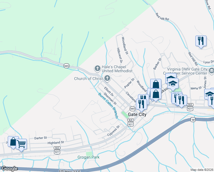 map of restaurants, bars, coffee shops, grocery stores, and more near 101-125 East Chestnut Street in Gate City
