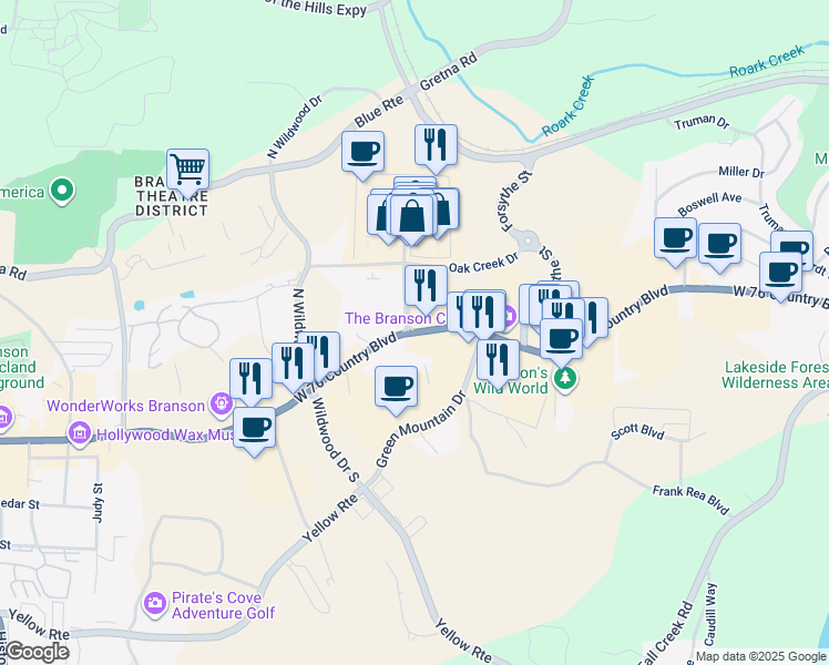 map of restaurants, bars, coffee shops, grocery stores, and more near 2425 Highway 76 in Branson
