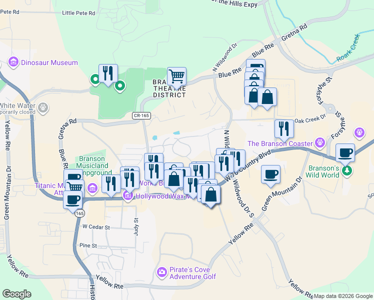 map of restaurants, bars, coffee shops, grocery stores, and more near 281 Oakridge Road in Branson