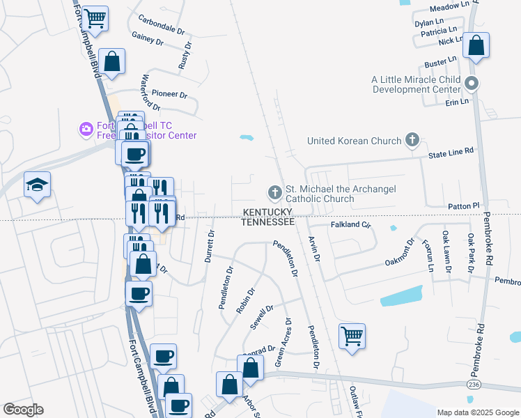 map of restaurants, bars, coffee shops, grocery stores, and more near 255 State Line Road in Oak Grove