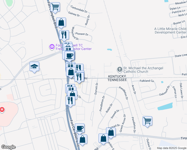 map of restaurants, bars, coffee shops, grocery stores, and more near 175 State Line Road in Oak Grove