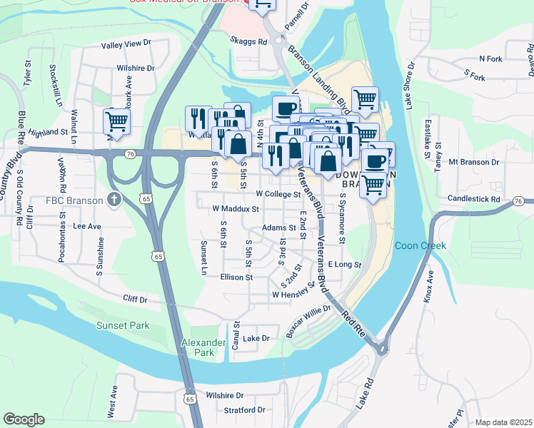 map of restaurants, bars, coffee shops, grocery stores, and more near 314 South 4th Street in Branson