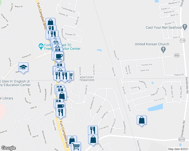 map of restaurants, bars, coffee shops, grocery stores, and more near 210 Tree Line Drive in Oak Grove