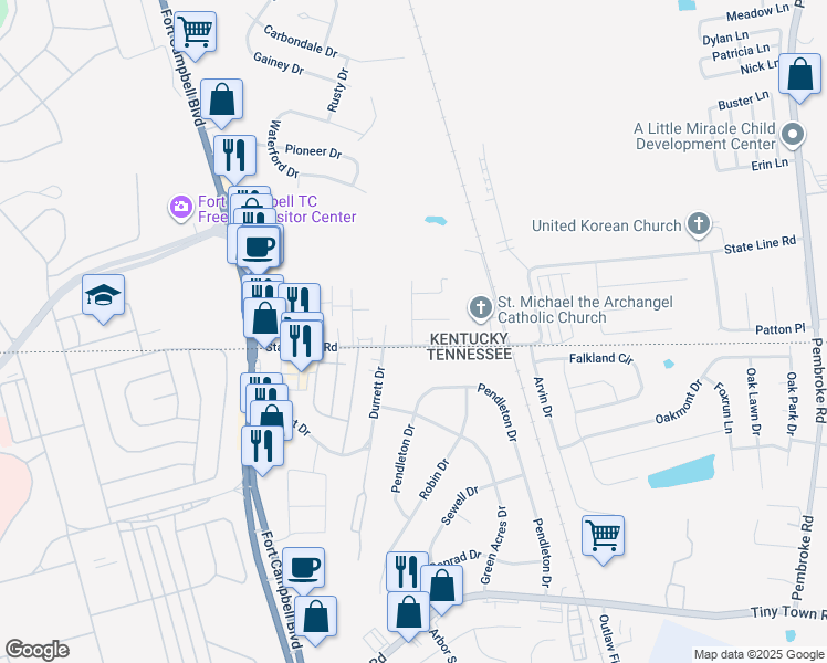 map of restaurants, bars, coffee shops, grocery stores, and more near 213 Tree Line Drive in Oak Grove