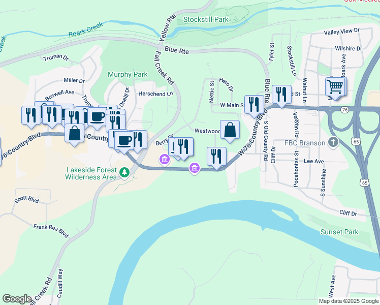 map of restaurants, bars, coffee shops, grocery stores, and more near 1301 Hillcrest Place in Branson