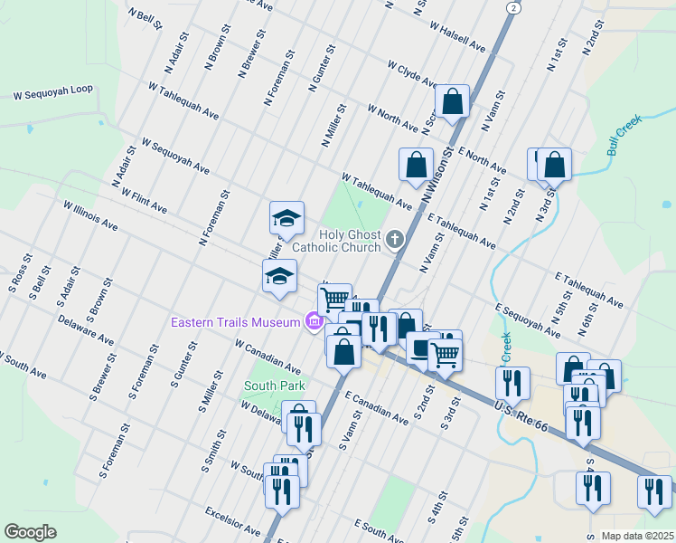 map of restaurants, bars, coffee shops, grocery stores, and more near 228 North Thompson Street in Vinita